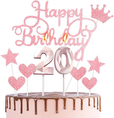 Happy 20th Birthday Cake Topper & Birthday Candles Rose Gold Number 20 Candles for Birthday Cake - Rose Pink 20th Birthday Candles Cake Cupcake Topper Birthday Cake Decorations for Girls Birthday