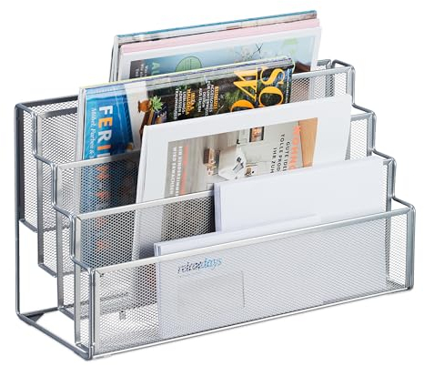 Relaxdays Zeitschriftenhalter Metall, 4 Fächer, Dokumentenablage Büro, HBT: 26x45x18 cm, Magazinhalter, Briefe, Silber