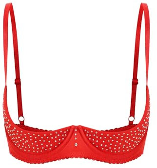 Agoky Women's Sexy 1/4 Cup Lace Bra Padded Unlined Underwire Push Up Balconette Every Day Bra Red F 3XL