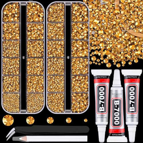 Resin Jelly Rhinestones for Crafting with B7000 Jewelry Glue, 2 Boxes Gold Flatback Crystals with 3Pcs 10ml Glue, Bedazzling Non Hotfix Gems for DIY Tumblers Clothing Shoes Manicure