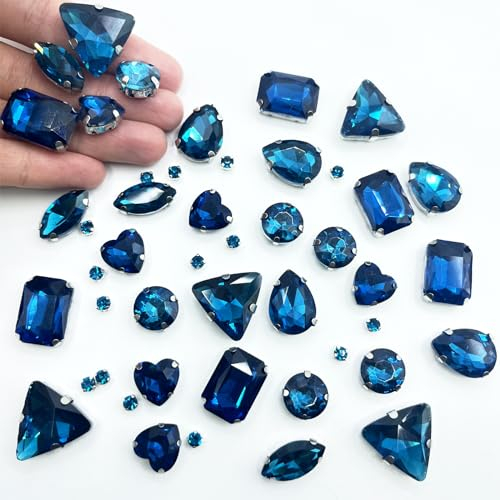 Yixinly 236 Stück Strasssteine zum Aufnähen, 7 Formen von Strasssteinen Edelstahl Krappenfassung Glas Nähen Edelsteinefür DIY-Bastelkleidung, Kleidungs, Schuhe, Taschen (Blau)