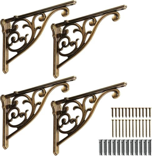 Khtumeware Regalhalterung, 25,4 cm, dekorative Halterungen für Regale, robuste Vintage-kunstvolle Regalhalterung, Hardware im Lieferumfang enthalten, 4 Stück, antikes englisches Messing-Finish, 25 x