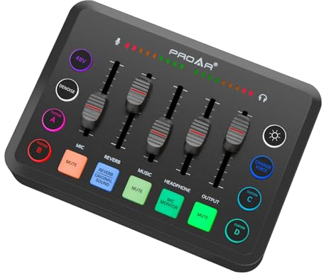 PROAR Audio Mixer,Podcast Equipment Bundle with Audio Interface for PC Phone,RGB DJ Mixer with Vocal Effects,Sound Board,Professional Sound Card for Live Streaming/Podcasting/Gaming/Recording/Youtube