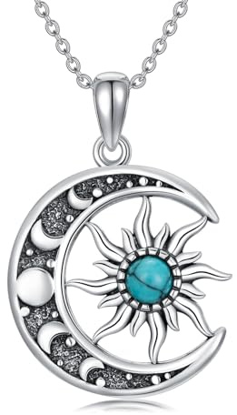 ZPMMPZ Halskette mit Mond und Sonne, 925er-Sterlingsilber, beste Freundin, Halbmond-Anhänger, Türkis, Luna-Schmuck für Damen, Sterlingsilber, Türkis, Sterling-Silber, Erstellter Türkis