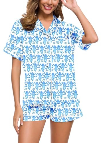 Schlafanzug Damen Kurz Zweiteiliger Pyjama Revers Kurzarm AFFE Hase Tiger Floral Pjs Shorts Set Roller Dupes Kaninchen Preppy Knopfleiste Nachtwäsche Y2K Schlafanzüge Hausanzug Sleepwear Loungewear