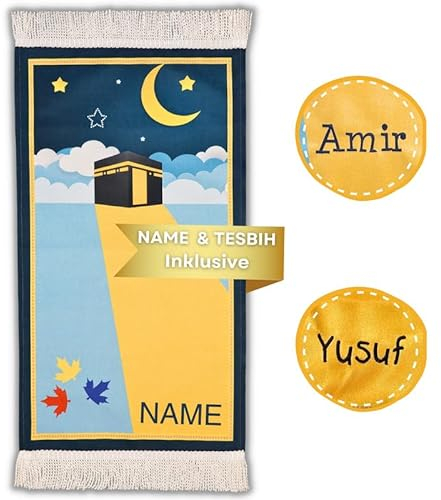Imanpaper® - Kinder Gebetsteppich mit Namen inkl. Tesbih I Gebetsteppich Islam mit Gravur für Mini Muslime I Seccade Sejadah Islamic Prayer Rug