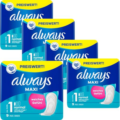 Maxi Damenbinden Normal (Größe 1) Pads Damenbinden 9 STÜCK x 5 Packungen