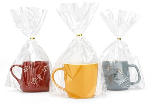 Cellophane Bags, Bottom Gusset Treat Bags, 8x 11Clear Cellophane Gift Bags with Ties, 50Pcs Cellophane Treat Goodie Bags for Wedding Graduation Party Favors Gift Mug Wrapping Candy Cookies Storage