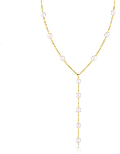Moguri Perlenkette Damen 14k Gold gefüllt Halskette mit Perlen Elegante Kette für Jeden Anlass Schmuckstück mit Perlen Gold Kette mit Perlenhänger Edelstein Kette
