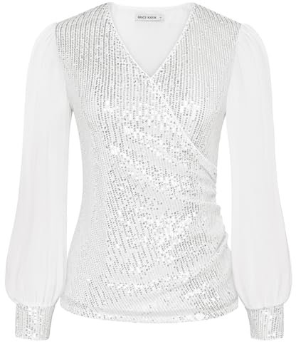 Damen Gliter Cocktailbluse Elegant Funkelnde Pailletten Tunika Slim Fit Lange Ärmel Latern Shirt für Kleid Tops Silber S