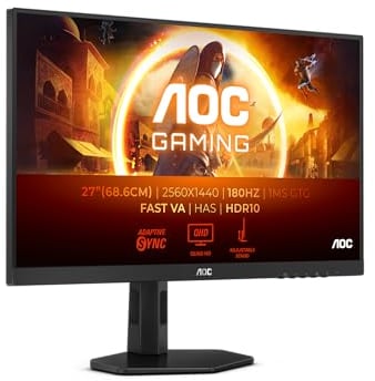 AOC Gaming Q27G4XN Monitor QHD da 27 pollici, 180 Hz, 0,5 ms, FreeSync Premium, HDR10 2560x1440, 2x HDMI, DisplayPort Regolabile, nero/grigio, 27 pollice FHD, Regolazione altezza