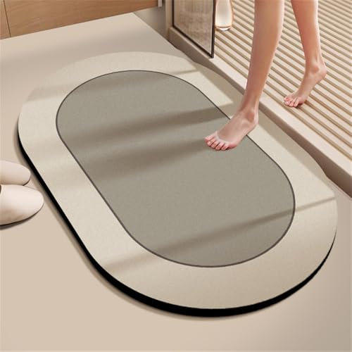 Hixingo Badematte rutschfeste Minimalistisch Ovale Badvorleger Saugfähige Schnelltrocknende Kieselgur Bodenmatte Waschbar Badezimmerteppich für Dusche, Badewannen, Küche (80x120cm,Beige)