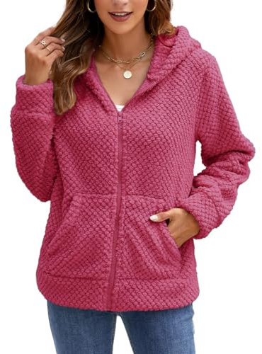 ABINGOO Mujer Felpa Cremallera Manga Larga Con Cárdigan Térmica Casual Bolsillo Sudaderas Color Sólido Hoodie(Rosa,S)