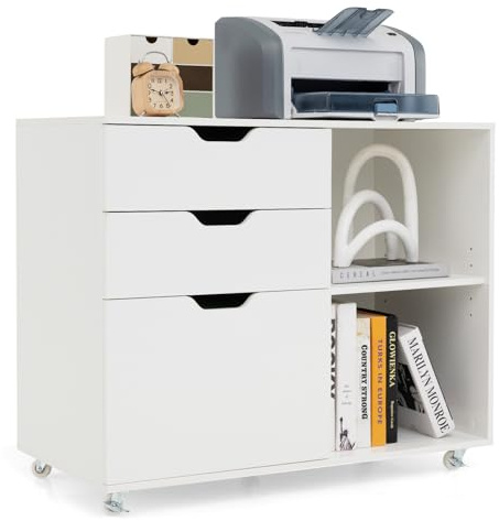 GOPLUS Rollcontainer, mobiler Aktenschrank mit 5 Rollen, 3 Schubladen und 2 offenen Fächern, Beistellschrank Büroschrank Druckerschrank für Dokumente im A4-, Letter- & LegalFormat (Weiß)