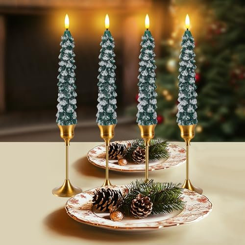 Weihnachtsbaumkerzen aus echtem Wachs, flammenlose Spitzkerzen, 24,6 cm, grüne Kerzenständer für Weihnachten, Zuhause, Tisch, Kamin, Dekoration, Partyzubehör, 4 Stück