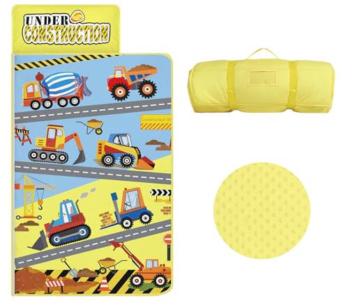 Schlafsack Kinder mit Kopfkissen Reißverschluss, Faltbare Kinderschlafsack mit Kissen Abnehmbar für Mädchen Jungen, Leicht Reinigen Schlafsack für Outdoor Indoor Camping, 150×60cm (Baufahrzeug)
