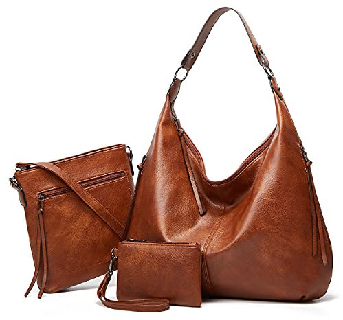 Pahajim Handtasche Damen Leder Handtaschen Set mit Geldbörse Shopper Tasche Damen Groß Hobo Umhängetasche Damen für Arbeit Einkaufen(Braun)