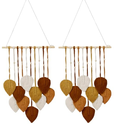 BONJUME Wand Deko, 2PCS Wanddeko Handgemacht Makramee Wandteppich Boho Deko | 100*40cm Gewebte Wandbehang Blatt Feder Wanddeko mit Holzperlen und 10 Grün Blätter Tapisserie für Wohnzimmer Schlafzimmer