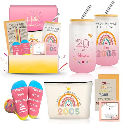 Zyphoria 20th Birthday Gifts for Girls, Trendy 20 Year Old Girl Gift Ideas for Her Women Daughter Sister Niece, Cool Happy Birthdays 2005 Female Decorations Presents Basket Glass Cup Sock Necklace