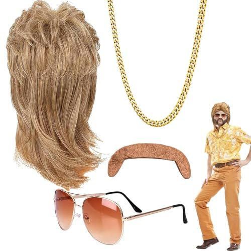 ZeYou Vokuhila Perücke 80er 90er Jahre Outfit Accessoires für Herren, 4er Set Blond Perücken Sonnenbrille Halskette Falscher Bart, Männer Kostüm für Karneval Fasching Cosplay Party