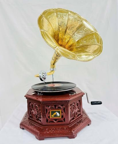 Antique-Looking Replica Gramophone Vintage Gramophone Record Player, Wooden Base with Floral Carvings, Gold Horn Speaker (8 Cone Brown Carving Gramophone (32X37X75 CM))