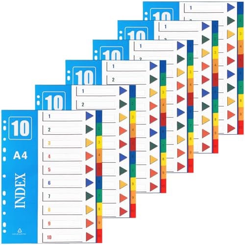 1-10 Teilige Akten-Trennblätter A4 【6 Stück】 A4 Ordner-Trennblätter aus Kunststoff für Ringbücher mit 11 Löchern, mehrfarbige Akten-Trennblätter für Hebelbogen, Mehrzweck-Registerblätter für Schule