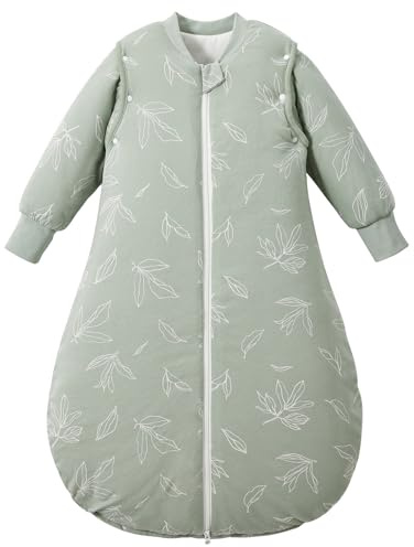LULUMONKEY 3.5 TOG Winter Baby Sleeping Bag with Removable Long Sleeves, 100% Cotton Newborn Sleep Sack for 0-6 Months Toddler Infant, Green Leaves
