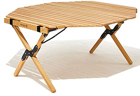 Faltbarer Campingtisch aus Holz für den Außenbereich, achteckig, aufrollbar, Reise-Picknicktisch mit Tragetasche für Grillparty und Camping