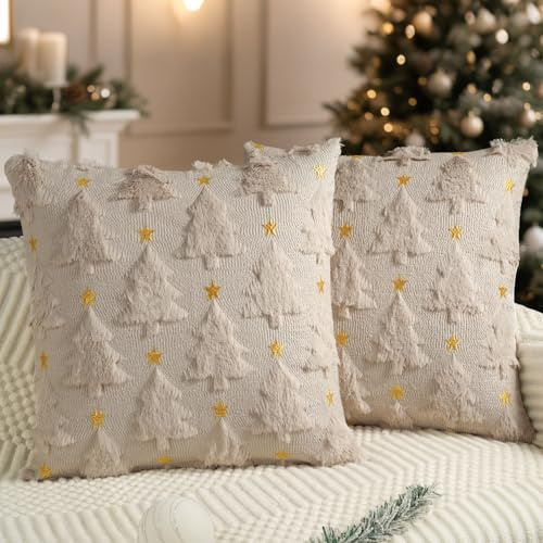 Miaikoe Weihnachtskissenbezüge 40x40 cm 2er Set Beige Weihnachtsbaum Stern Kissenbezüge weiche Plüsch Fälschungsfell für Feiertage Winter Zuhause Coach Sofa Dekoration