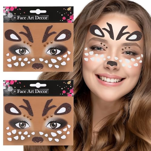 2 Stück Face Art Aticker, Halloween Tattoo Gesicht Karneval, Temporäre Gesichtstattoo, Glitzer Gesicht Aufkleber, Temporäres Tattoo für Halloween, Karneval, Fasching, Maskerade, Motto Partys (I)