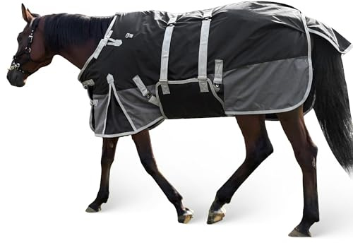 72 Horse Blanket for Real Horses – 1200 Denier Medium Weight Horse Winter Blanket with Standard Neck and Belly Band – Water - Resistant – Black-Grey – 220g Fill