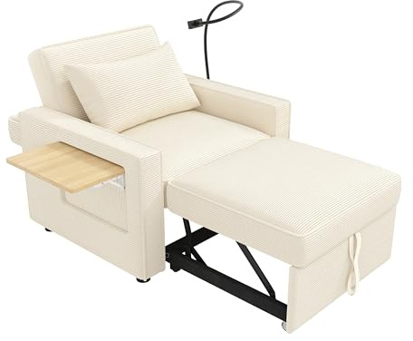 HAINEW Schlafsessel Relaxsessel mit Schlaffunktion und Handyhalter, 3-in-1-Convertible-Stuhl-Bett Einzelsofa Fernsehsessel Schlafsofa mit Klappbarer Tabletttisch für kleinen Raum, Cord Stoff (Beige)