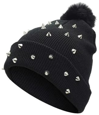Dermalyx Winter Mütze Punk Rivet Strickmütze Mit Wollbommel, Grunge & Y2K Aesthetic Beanie, Alternative Gothic Emo Accessoires, Herbst Winter Warm