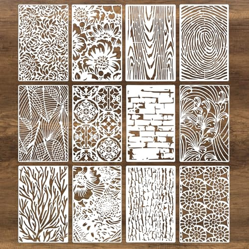 12 Stück Blumige Texturen Schablonen Set,Abstrakte Schablonen Malen,Wiederverwendbare PET Malschablonen,DIY Stencil mit Blumen,Ziegel, Baum und Insektenmotiven,für DIY,Möbel,Holz,Boden(Schmetterlinge)