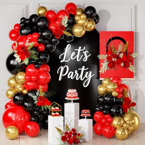 Luftballons Schwarz Gold Rot, 113 Stück Latex Rot Schwarzes Gold Luftballon | Goldene Luftballon Girlande Schwarz Rot für Geburtstagsdeko Happy Birthday Party Deko Hochzeit Abschlussfeier Casino Deko