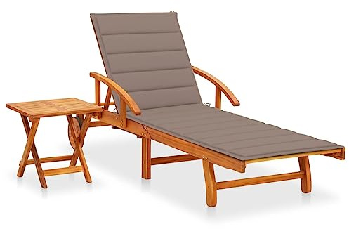 ZQQLVOO Sonnenliege mit Tisch und Auflage aus massivem Akazienholz, verstellbare Relaxliege mit ausziehbaren Tisch und klappbarem Beistelltisch, Gartenmöbel für Terrasse