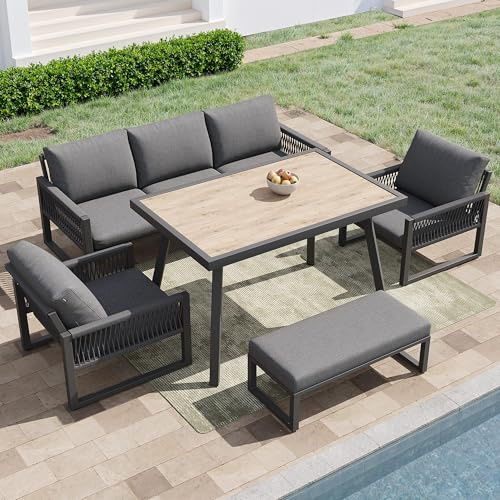 Lahoomu Gartenmöbel Set Outdoor Sofa 6-7 Sitzer, Gartenlounge-Set für Balkon Terrasse, Gartensofa mit großem Esstisch, Sitzkissen & Rückenkissen, Wetterfestes Terrassen Sofa Set