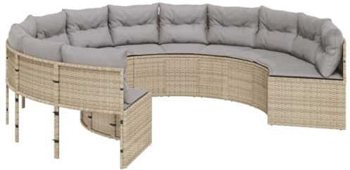 Mhdvray Rundes Gartensofa Beige 287 cm Poly-Rattan Loungemöbel mit Grauen Kissen Robust und UV-beständig für Terrasse Balkon und Outdoor-Lounge