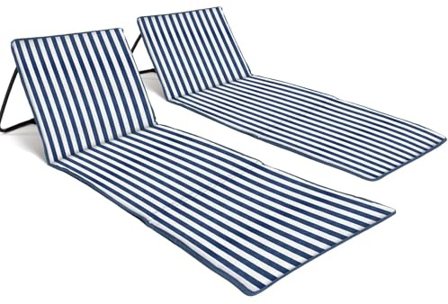 just be... 2er Set Strandmatte mit Rückenlehne klappbar – leichte, gepolsterte Strandliegen faltbar mit Reißverschlusstasche & Schultergurt – ideal für Camping & Strand | Blau gestreift