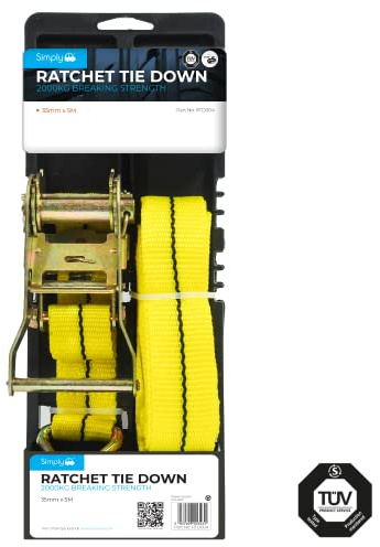 Simply RTD004 Ratchet Tie Downs – Pack of 1 – High Break Strength of 2000kg – Certified by TUB & GS – Easy to Use – 5m x 35mm Length