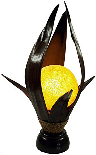 GURU SHOP Palmenblatt Lotus Tischlampe/Tischleuchte, in Bali Handgemacht aus Naturmaterial, Palmholz - Modell Palmera 7, 55x39x29 cm