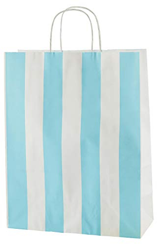 Thepaperbagstore 30 Papiertragetaschen, Recycelbar Und Wiederverwendbar, Mit Gedrehten Griffen, Hellblau/Weißen Streifen – Mittelgroß 250x110x310mm