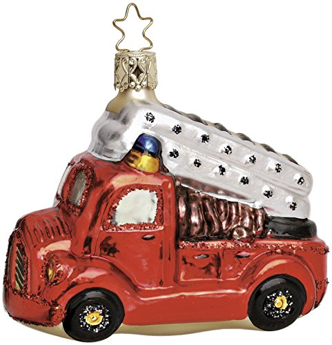 Christbaumschmuck Glas 8cm Feuerwehrauto mundgeblasen handbemalt Weihnachtskugeln Fahrzeuge rot