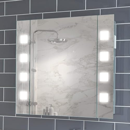 Illuminated Bathroom Mirror Cabinet with LED Lights 650x600mm - Pyrus Bathroom Mirror Cabinets with Lights, Shaver Socket & Heated Demister Pads, Lighted Medicine Cabinet for Storage,LED Wall Mirrors