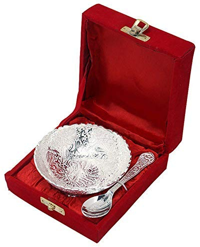Rastogi Handicrafts Silver Plated Small Bowl Set with Spoon Size - 9 * 9 * 3 cm Capacity -100 ml /3.38 OZ