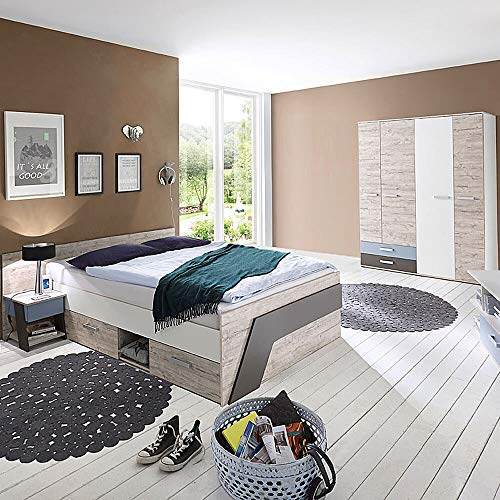Lomadox Jugendzimmer Kinderzimmer Set, Eiche weiß Lava blau, 140 x 200 cm Kojenbett, 135cm Kleiderschrank, Nachttisch