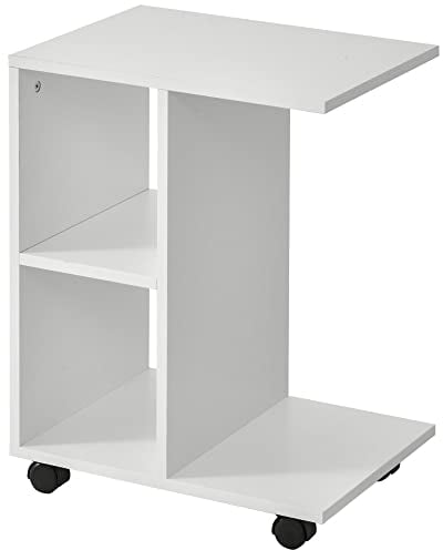 HOMCOM Mesita Auxiliar Moderno Mesa Auxiliar en Forma de C con Ruedas Estantes Abiertos para Salón Dormitorio 45x35x58 cm Blanco