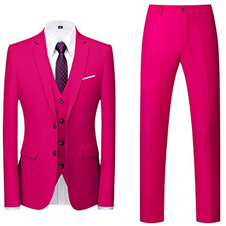FNKDOR Costume d'homme Costume 3 Pièces Slim Veste de fête de Mariage Pantalon Gilet(D Rose Vif,XL)