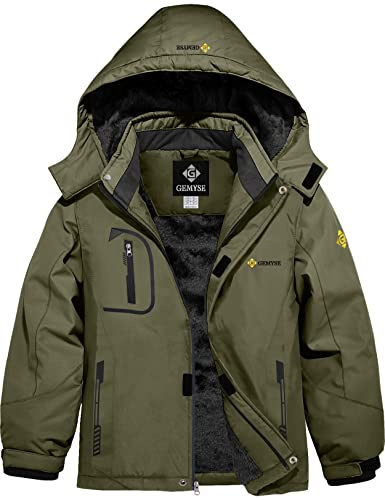 GEMYSE Veste de Ski pour Garçon Enfant Manteau Hiver Chaud Imperméable Coupe-Vent Blouson avec Capuche et Polaire(Vert Armée,116-122)