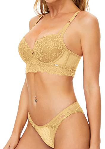 SHEKINI Femme Ensemble de Lingerie Sexy Push Up Soutien-Gorge avec Armatures Dentelle Florale et Taille Basse Slip sous Vetements Feminins 2 Pieces